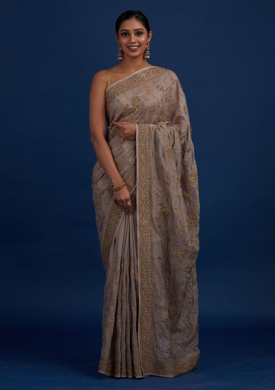Beige Stonework Semi Crepe Designer Saree - Koskii
