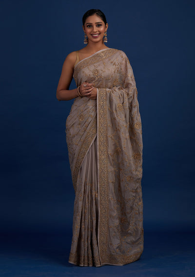 Beige Stonework Semi Crepe Designer Saree - Koskii