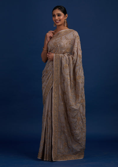 Beige Stonework Semi Crepe Designer Saree - Koskii
