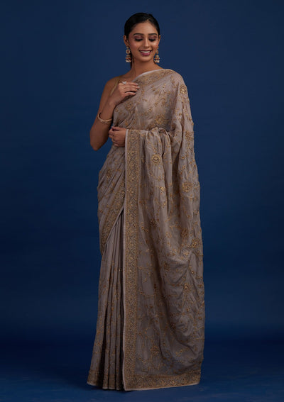 Beige Stonework Semi Crepe Designer Saree - Koskii