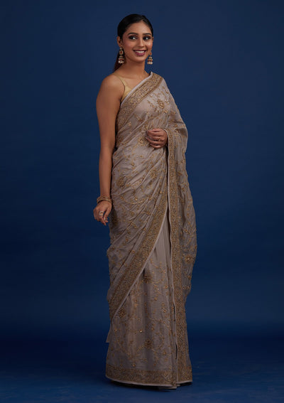 Beige Stonework Semi Crepe Designer Saree - Koskii