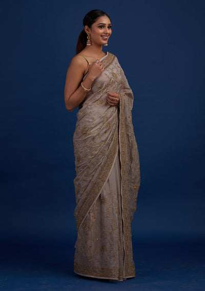 Beige Stonework Semi Crepe Designer Saree - Koskii