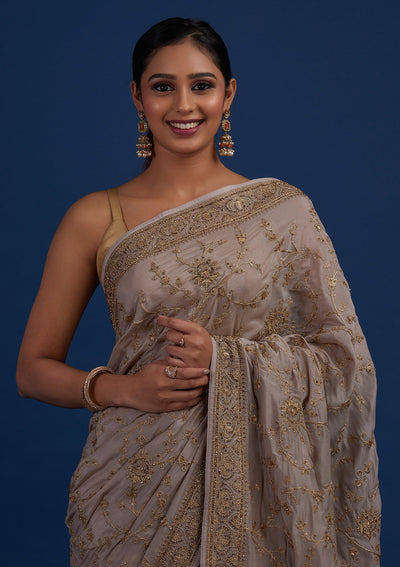 Beige Stonework Semi Crepe Designer Saree - Koskii