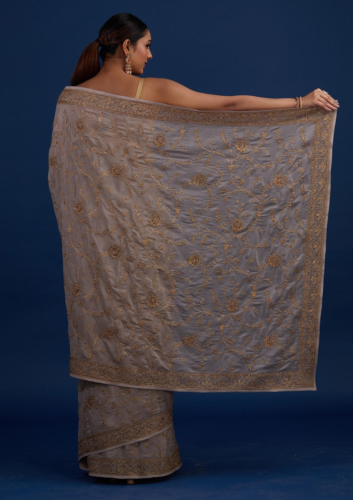 Beige Stonework Semi Crepe Designer Saree - Koskii