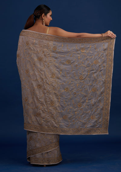 Beige Stonework Semi Crepe Designer Saree - Koskii