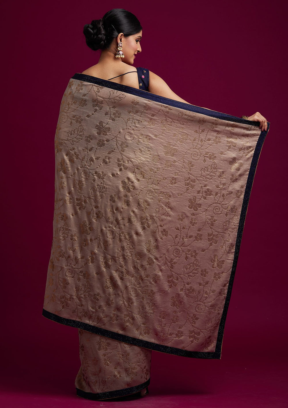Beige Swarovski Shimmer Designer Saree - koskii