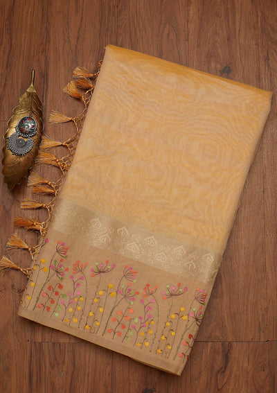 Beige Threadwork Chanderi Designer Saree - koskii