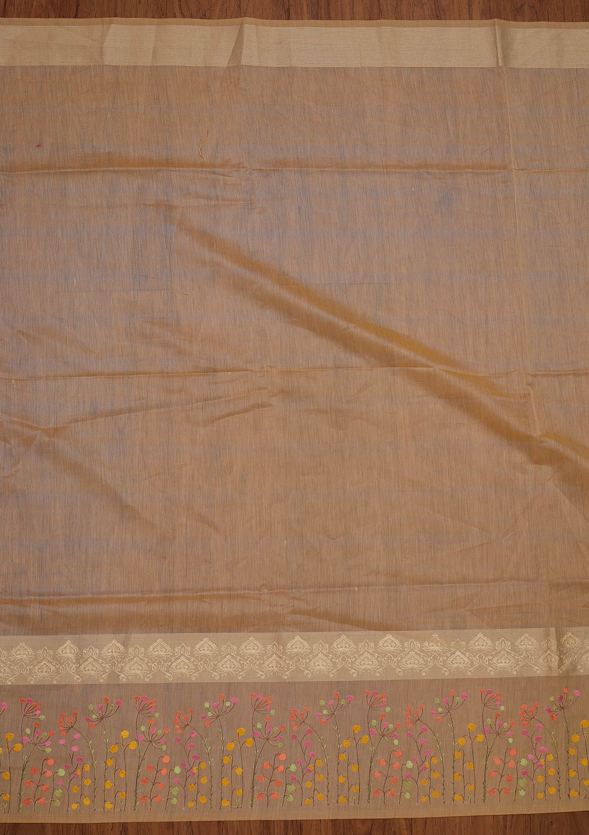 Beige Threadwork Chanderi Designer Saree - koskii