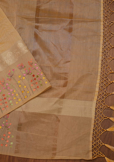 Beige Threadwork Chanderi Designer Saree - koskii