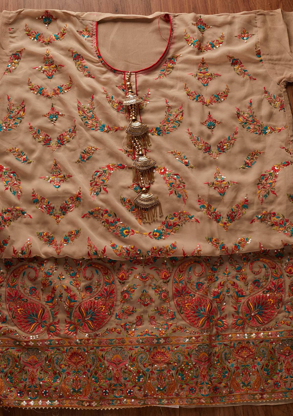 Beige Threadwork Georgette Designer Semi-Stitched Salwar Suit - koskii