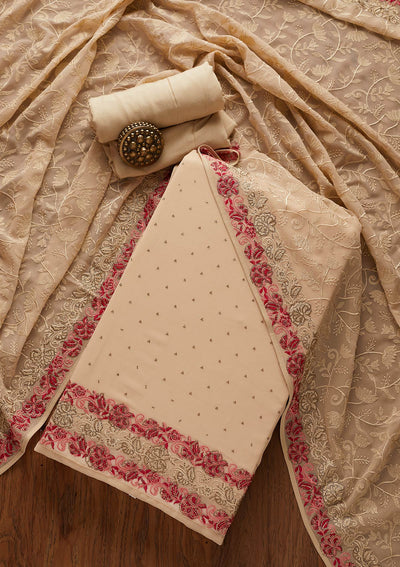 Beige Threadwork Georgette Designer Unstitched Salwar Suit - koskii
