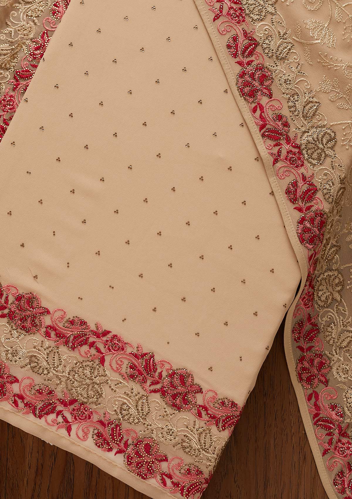 Beige Threadwork Georgette Designer Unstitched Salwar Suit - koskii