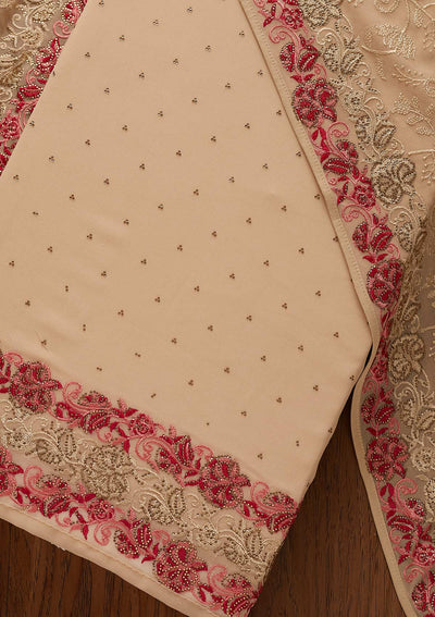 Beige Threadwork Georgette Designer Unstitched Salwar Suit - koskii