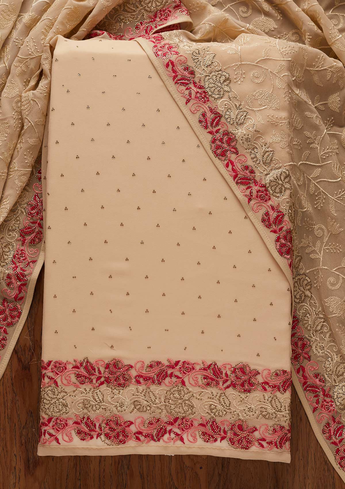 Beige Threadwork Georgette Designer Unstitched Salwar Suit - koskii