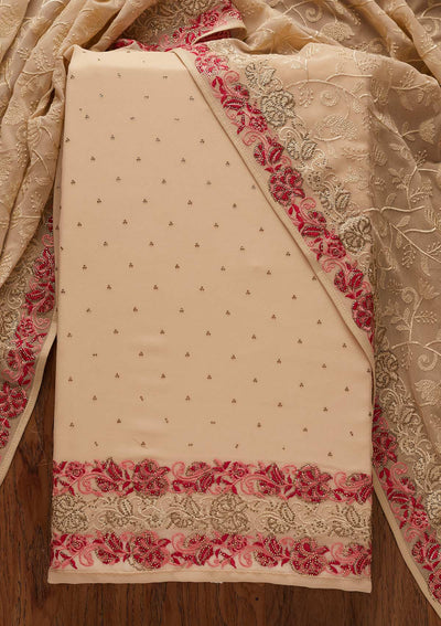 Beige Threadwork Georgette Designer Unstitched Salwar Suit - koskii