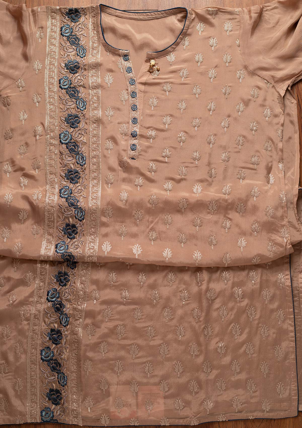 Beige Threadwork Semi Crepe Designer Semi-Stitched Salwar Suit - koskii