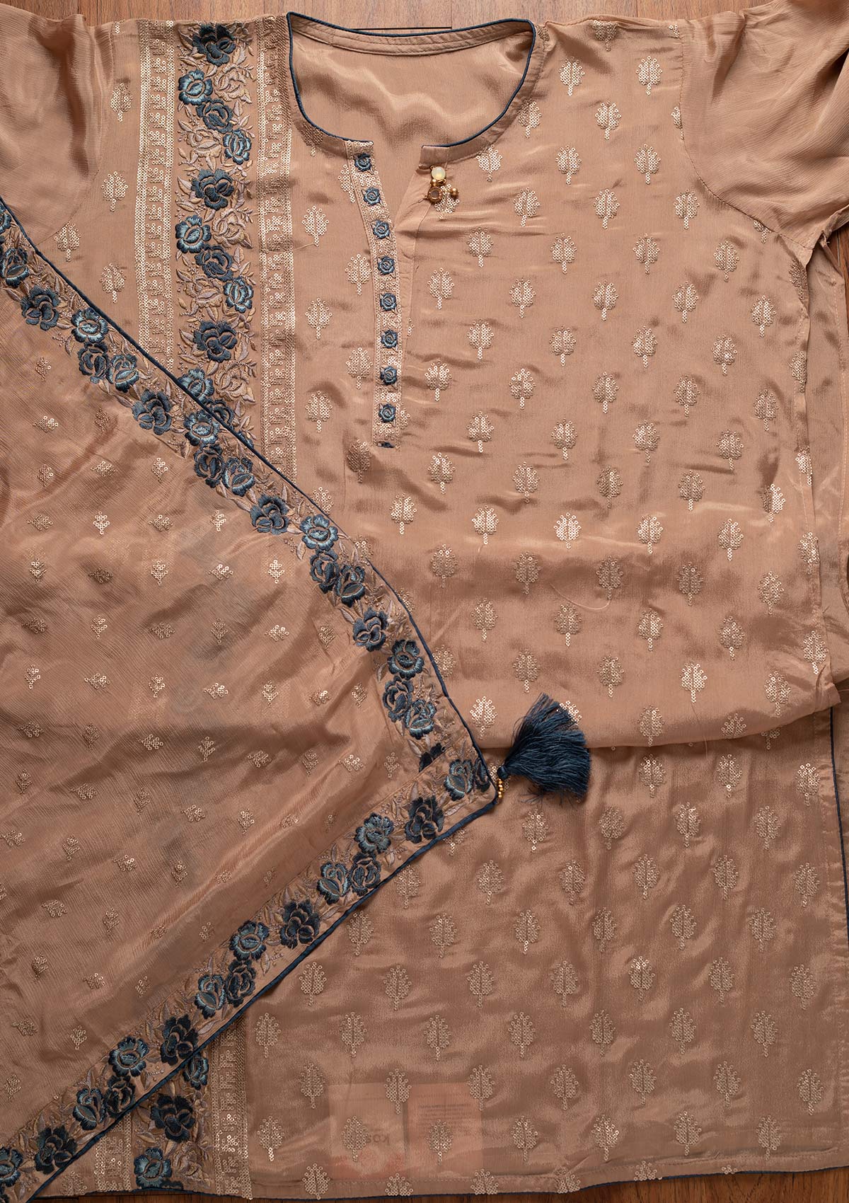 Beige Threadwork Semi Crepe Designer Semi-Stitched Salwar Suit - koskii