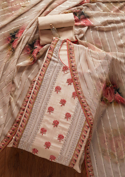 Beige Threadwork Semi Crepe Designer Semi-Stitched Salwar Suit - koskii