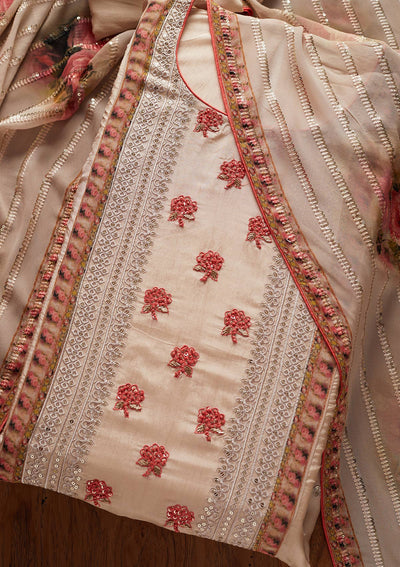 Beige Threadwork Semi Crepe Designer Semi-Stitched Salwar Suit - koskii
