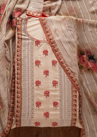 Beige Threadwork Semi Crepe Designer Semi-Stitched Salwar Suit - koskii