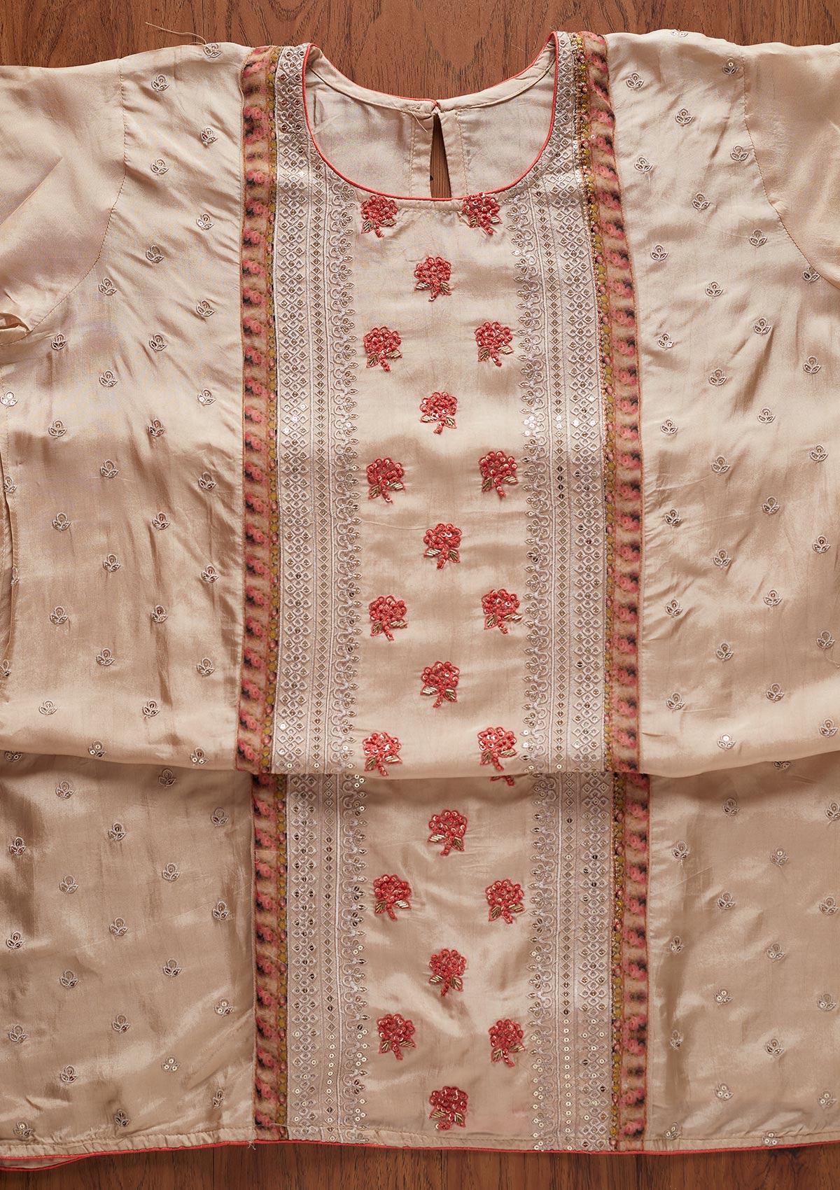 Beige Threadwork Semi Crepe Designer Semi-Stitched Salwar Suit - koskii
