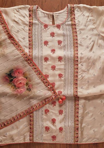 Beige Threadwork Semi Crepe Designer Semi-Stitched Salwar Suit - koskii