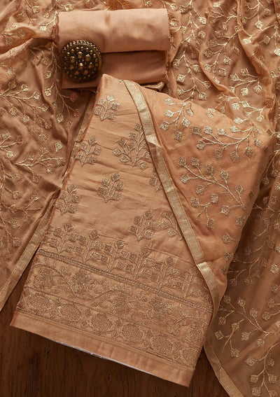 Beige Zariwork Chanderi Designer Unstitched Salwar Suit - koskii