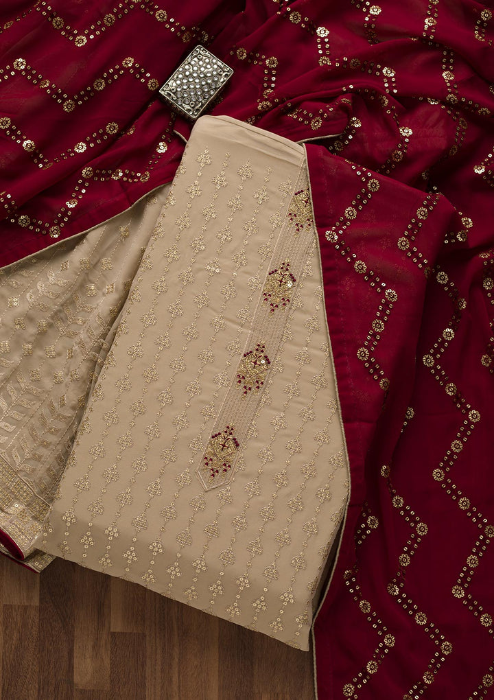 Beige Zariwork Georgette Unstitched Salwar Suit-Koskii