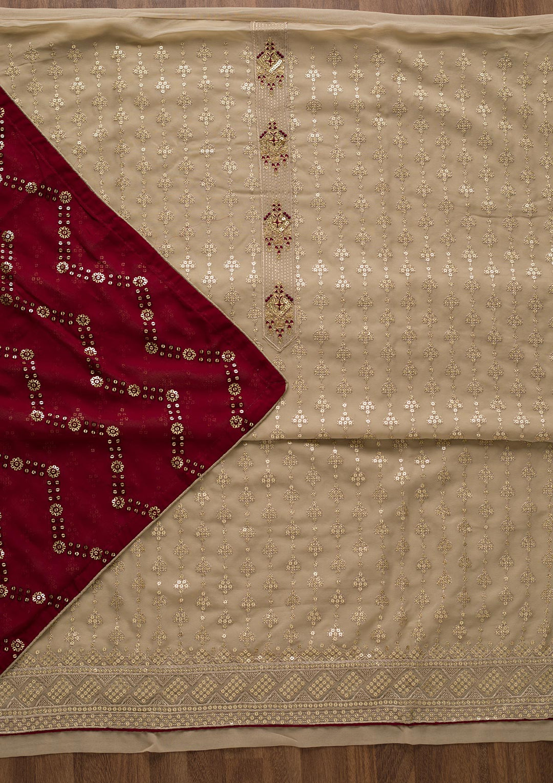 Beige Zariwork Georgette Unstitched Salwar Suit-Koskii