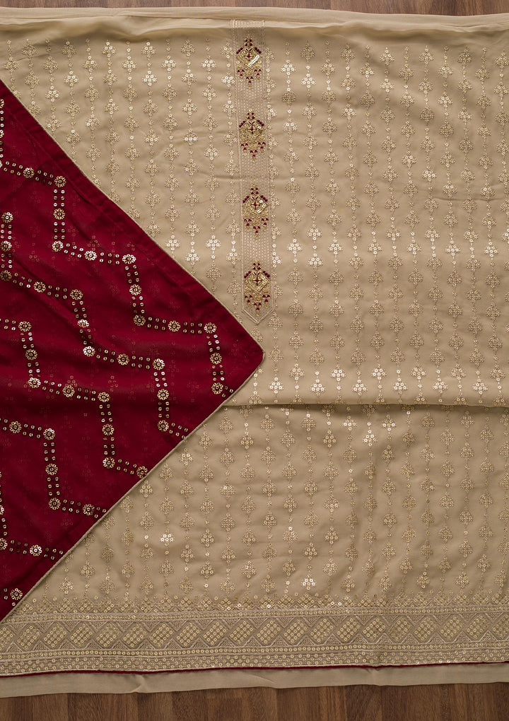 Beige Zariwork Georgette Unstitched Salwar Suit-Koskii