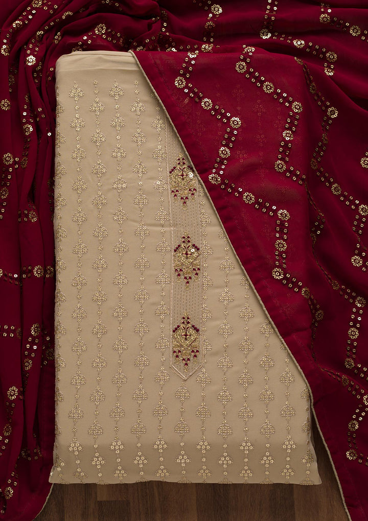 Beige Zariwork Georgette Unstitched Salwar Suit-Koskii