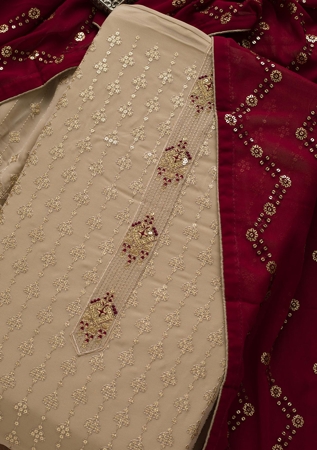 Beige Zariwork Georgette Unstitched Salwar Suit-Koskii
