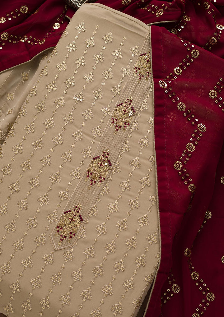 Beige Zariwork Georgette Unstitched Salwar Suit-Koskii