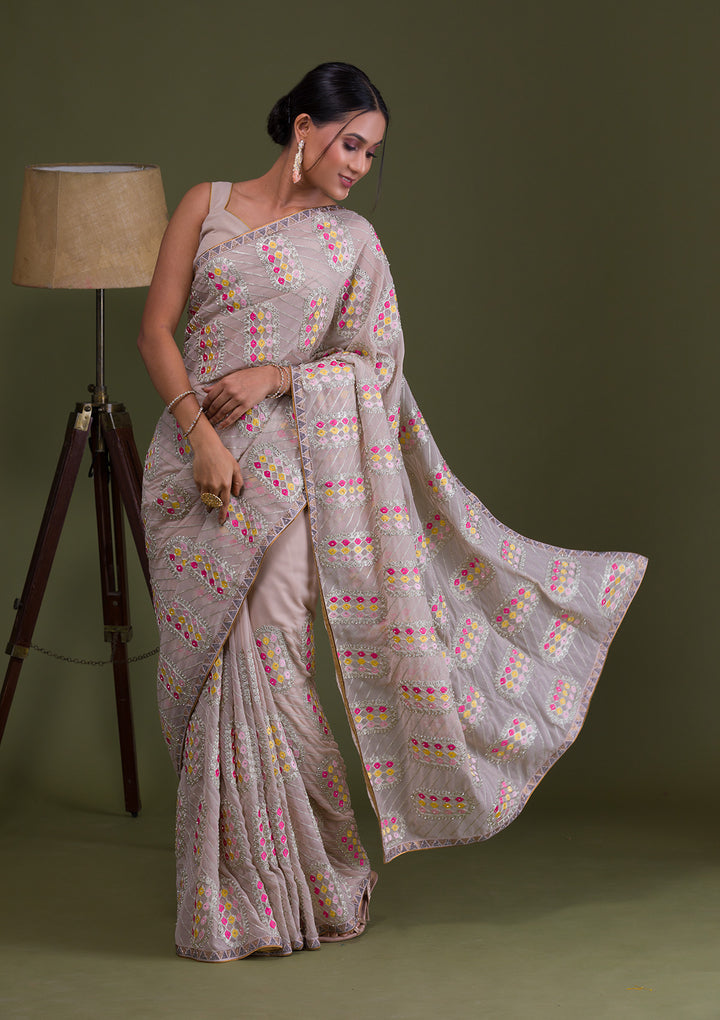 Beige Zariwork Georgette Saree-Koskii