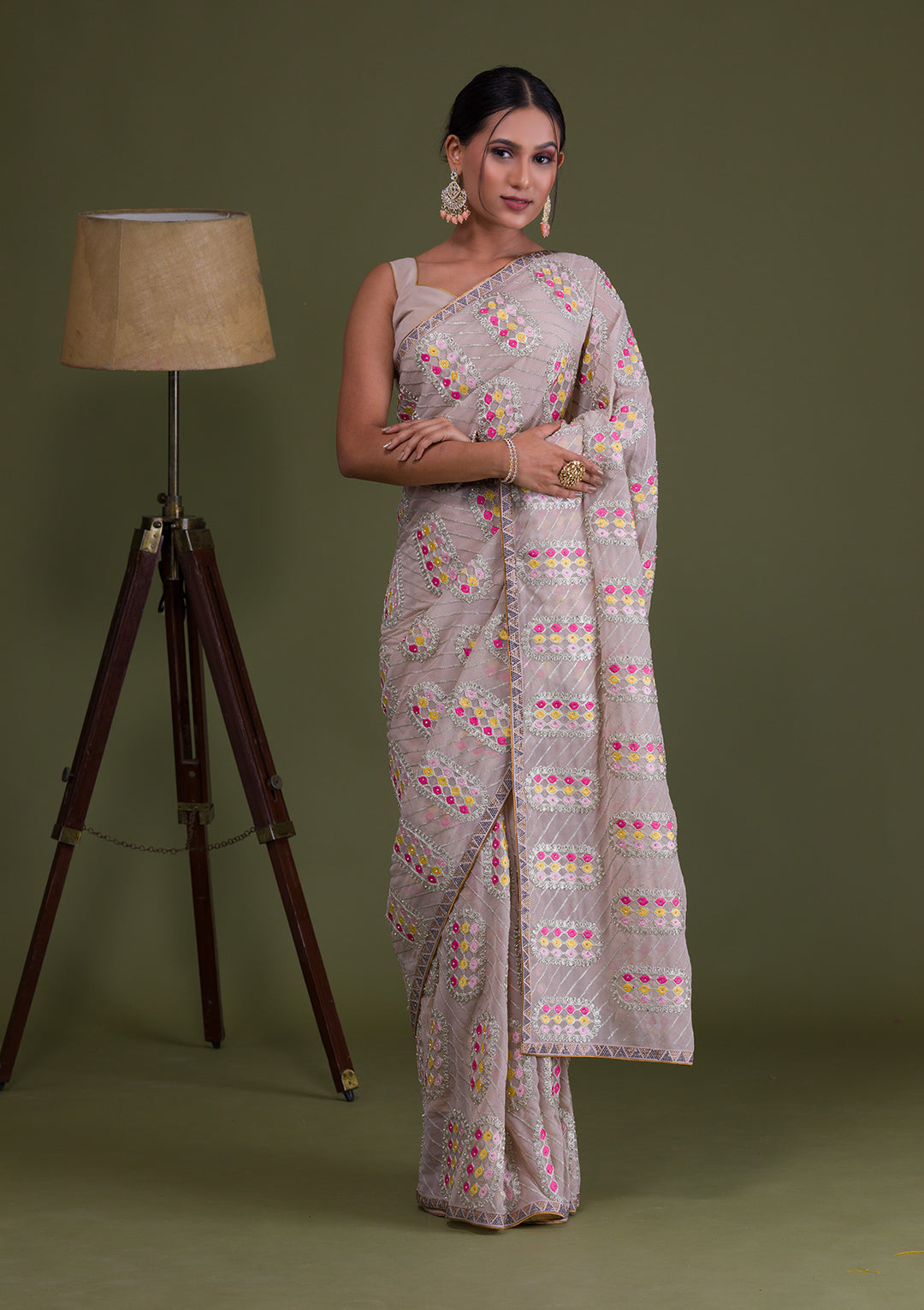 Beige Zariwork Georgette Saree-Koskii