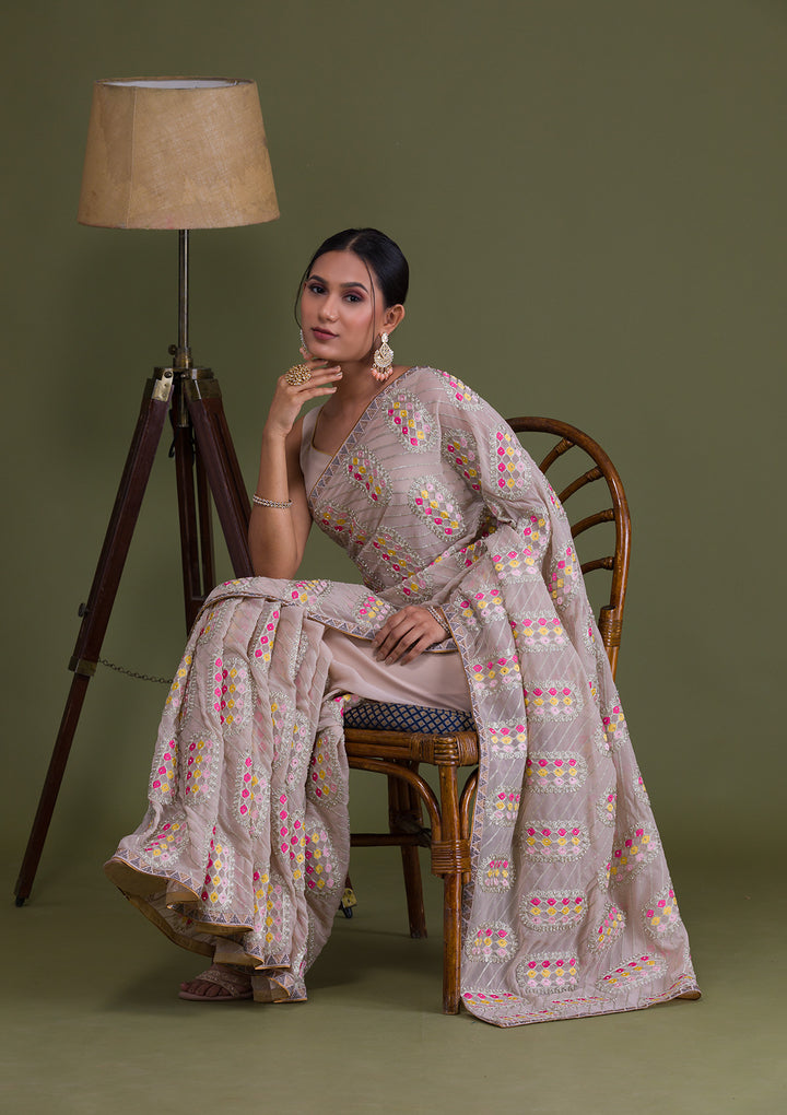 Beige Zariwork Georgette Saree-Koskii