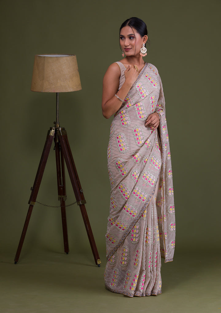 Beige Zariwork Georgette Saree-Koskii