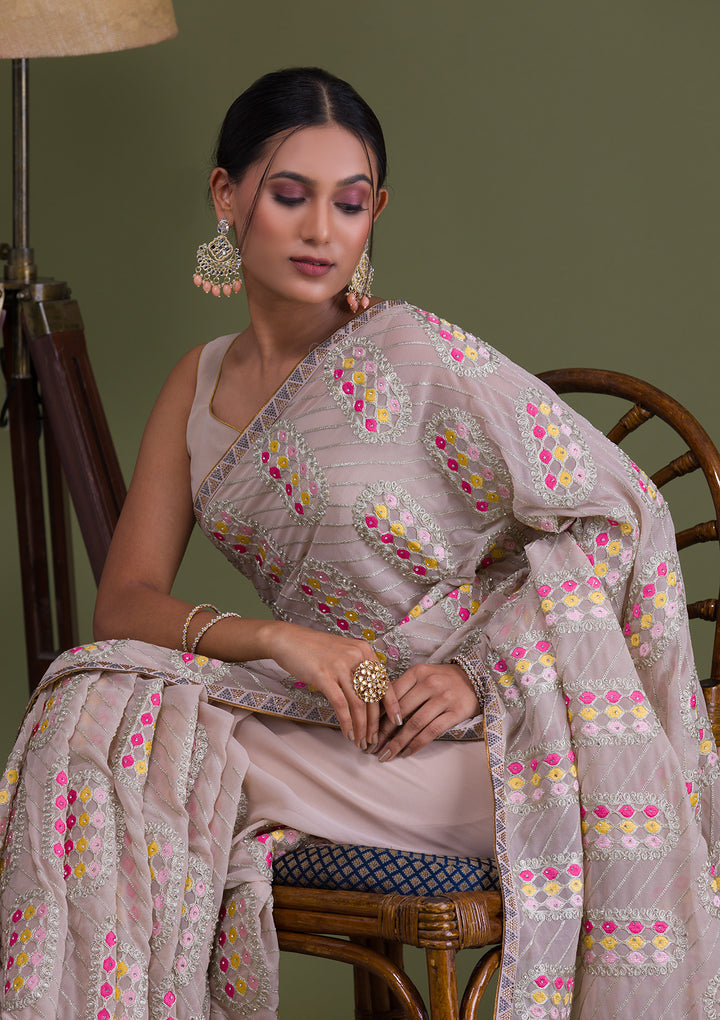 Beige Zariwork Georgette Saree-Koskii
