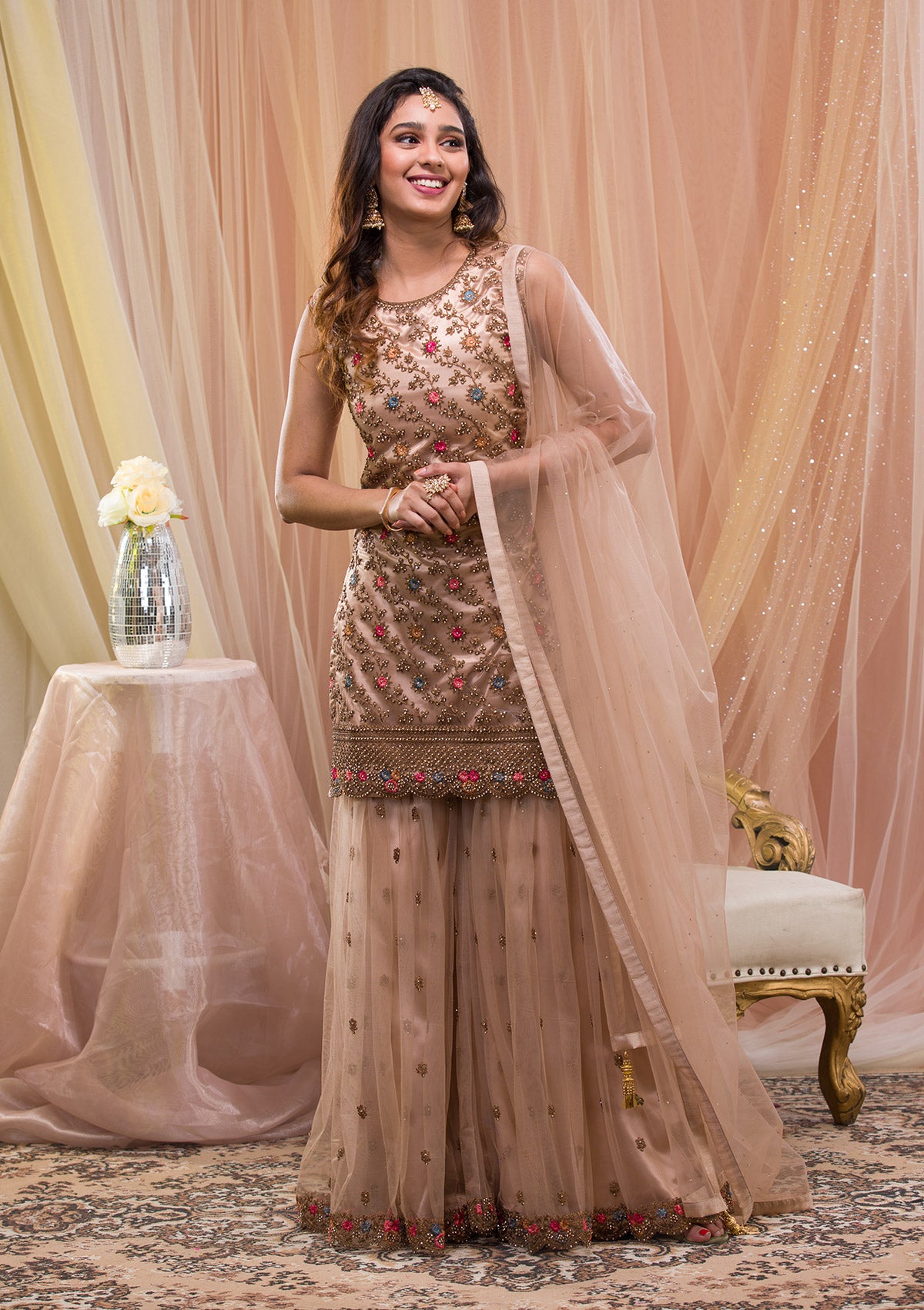 Beige Zariwork Net Readymade Salwar Suit-Koskii