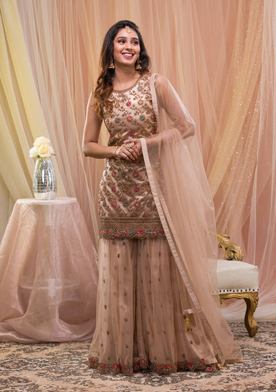 Beige Zariwork Net Readymade Salwar Suit-Koskii