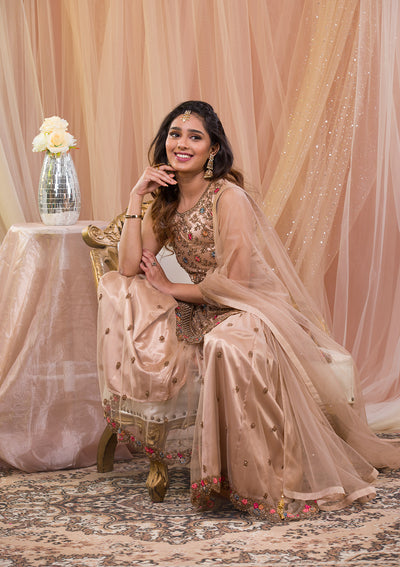Beige Zariwork Net Readymade Salwar Suit-Koskii