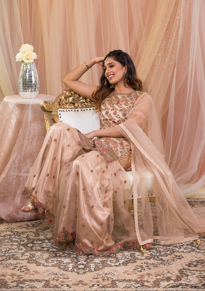 Beige Zariwork Net Readymade Salwar Suit-Koskii
