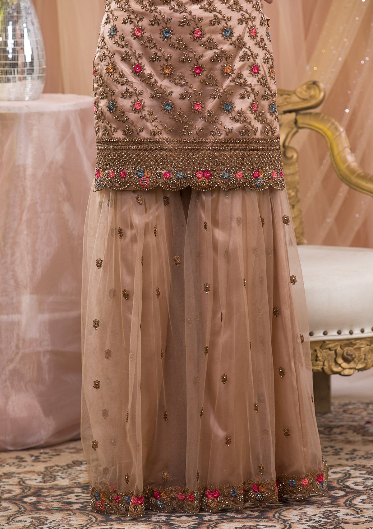 Beige Zariwork Net Readymade Salwar Suit-Koskii