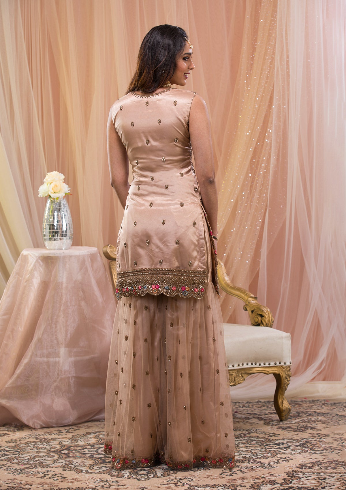 Beige Zariwork Net Readymade Salwar Suit-Koskii