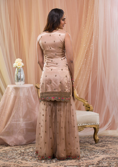 Beige Zariwork Net Readymade Salwar Suit-Koskii