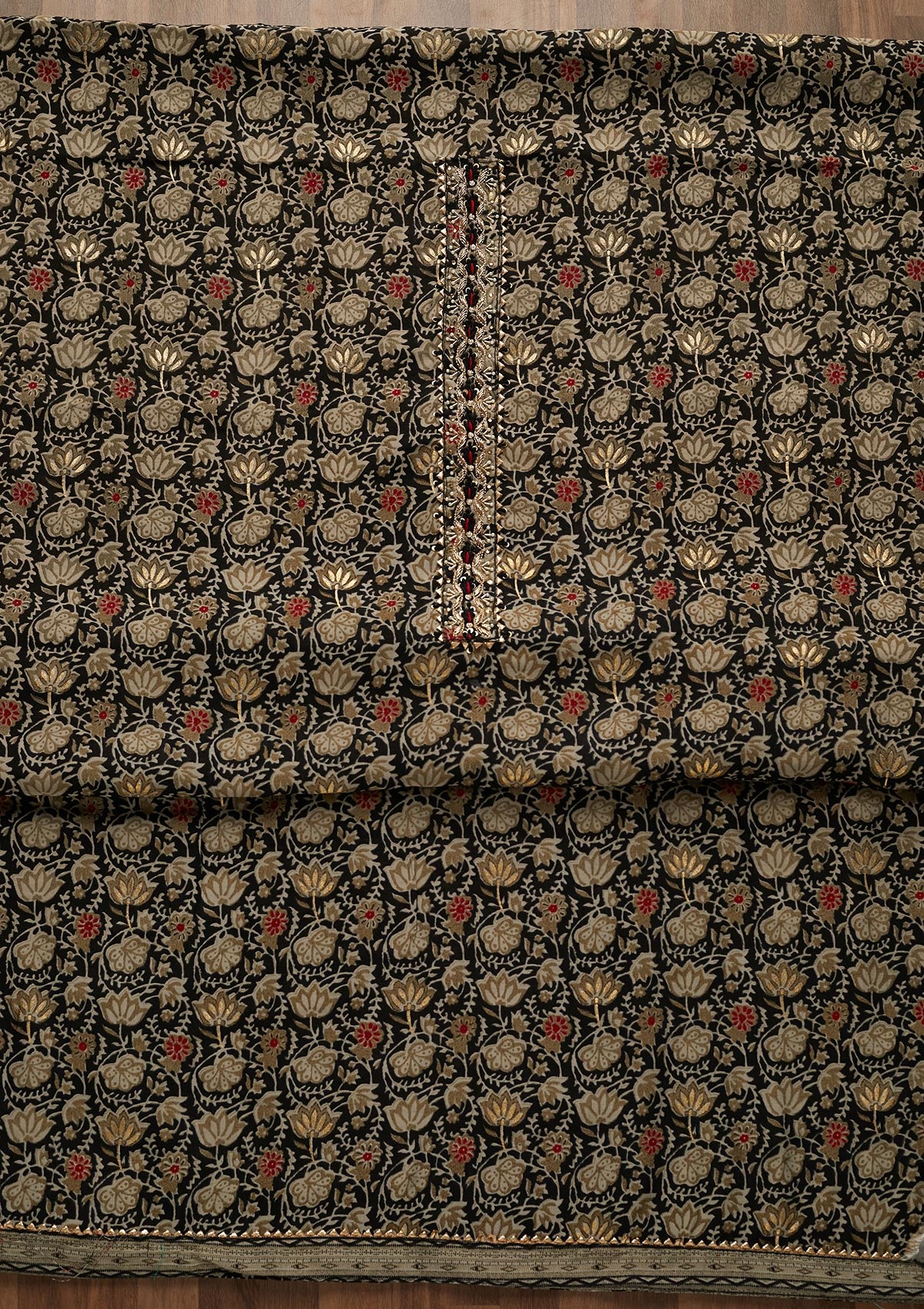 Black Print Cotton Unstitched Salwar Suit-Koskii