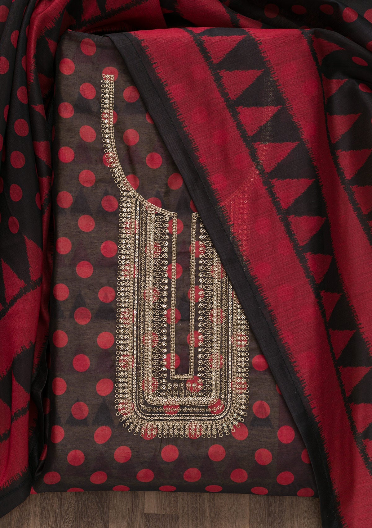 Black Printed Art Silk Semi-Stitched Salwar Suit-Koskii