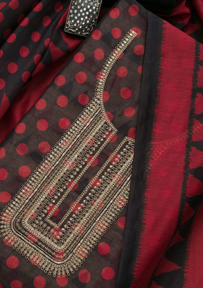 Black Printed Art Silk Semi-Stitched Salwar Suit-Koskii