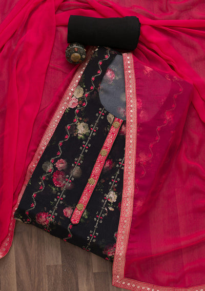 Black Printed Semi Crepe Semi-Stitched Salwar Suit-Koskii