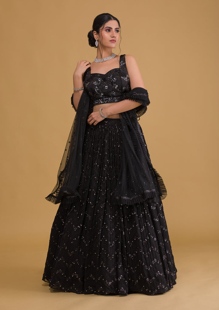 Black Sequins Georgette Designer Lehenga-Koskii